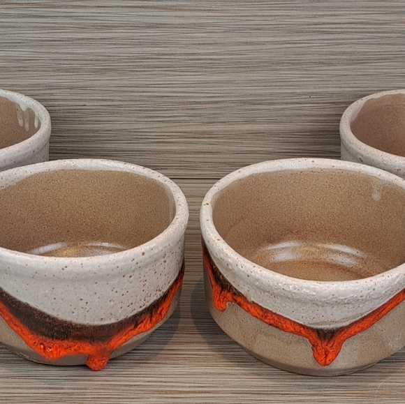 VINTAGE Laurentian pottery set of 4 soup bowl orange lava drip glaze # 643 - Picture 12 of 16